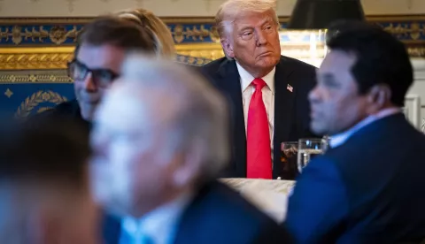 epa12036032 US President Donald Trump during an Easter prayer service and dinner in the Blue Room of the White House in Washington, DC, USA, 16 April 2025. EPA/AL DRAGO/POOL
