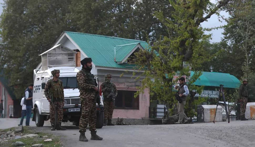epa12046849 Security forces stand guard in Anantnag, south of Srinagar, India, 22 April 2025. Suspected terrorists opened fire on a group of tourists in Pahalgam, a popular tourist destination and hill station. EPA/FAROOQ KHAN