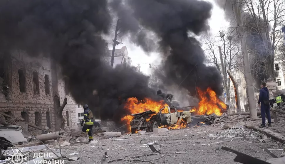 epa12029030 A handout photo made available by the State Emergency Service of Ukraine (SES) shows Ukrainian rescuers working at the site of a rocket strike in downtown Sumy, Ukraine, 13 April 2025, amid the ongoing Russian invasion. At least 31 people were killed, including two children, and 84 people were injured, including 10 children, after a Russian rocket hit downtown Sumy in the morning, according to a report by the State Emergency Service. EPA/STATE EMERGENCY SERVICE OF UKRAINE HANDOUT HANDOUT EDITORIAL USE ONLY/NO SALES