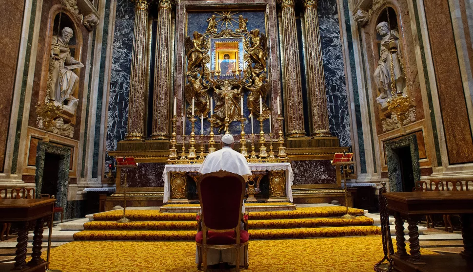 File photo - Pope Francis is praying in the chapel Paolina of the basilica Santa Maria Maggiore (St Mary Major) in front of the Marian icon 'Salus Populi Romani' on March 15, 2020 in Rome, Italy. Pope Francis said his tomb is 'already prepared' in the chapel Paolina of the Basilica of Santa Maria Maggiore. Unlike the majority of popes who have been interred beneath St Peter's Basilica, Pope Francis has reportedly made arrangements to be buried at Santa Maria Maggiore in Rome's Esquilino district. The basilica, one of the four major papal basilicas, has historically been the resting place of seven pope. Photo by (EV) Vatican Media/ABACAPRESS.COM Photo: ABACA/ABACA