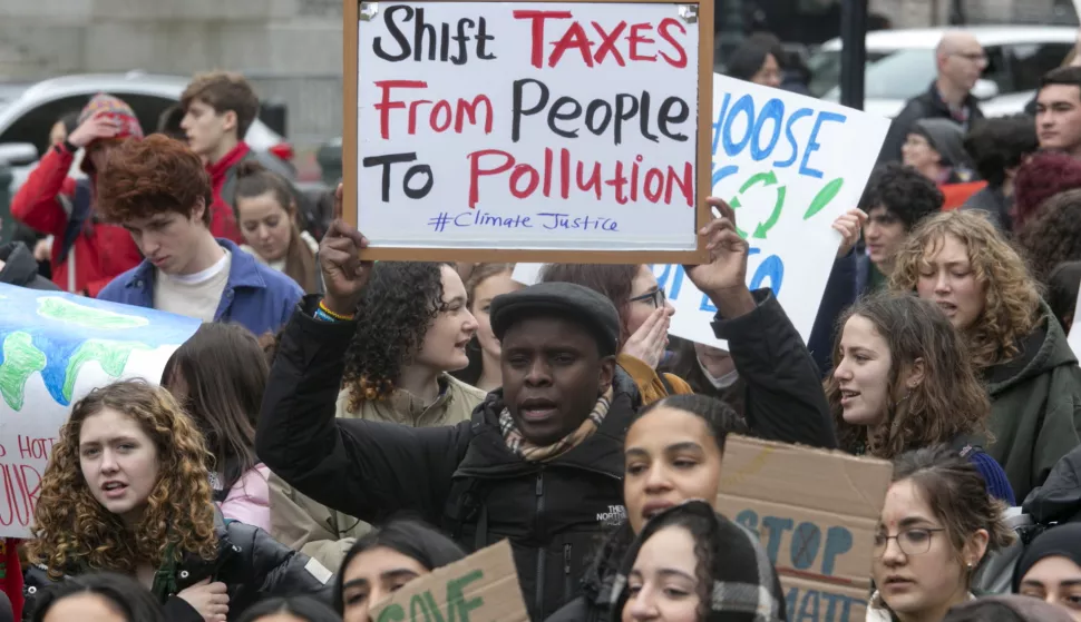epa10501439 Students and their supporters skip school to strike for a better climate, hosted by Fridays For Future, in New York, New York, USA, 03 March 2023. The group demanded that New York State officials pass the Climate, Jobs, and Justice Package and that the United States votes 'yes' at the United Nations to request an Advisory Opinion on Climate Justice from the ICJ. EPA/SARAH YENESEL