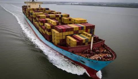 epa11713095 A photo taken with a drone shows the container ship MSC Yukta X (IMO 9146467, MMSI 636022658) on its way to Antwerp Harbour, near Hansweert, the Netherlands, 10 November 2024. The ship, built in 1998, measures 347 meters in length and has the capacity to carry 9,640 containers. Antwerp Harbour is the second-largest port in Europe and is regarded as a significant gateway for trade between Europe and other regions of the world. EPA/OLIVIER HOSLET