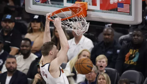 epa12053285 Denver Nuggets forward Michael Porter Jr. dunks the ball during the first half of the first round playoff game between the Denver Nuggets and Los Angeles Clippers in Inglewood, California, USA, 24 April 2025. EPA/CAROLINE BREHMAN SHUTTERSTOCK OUT