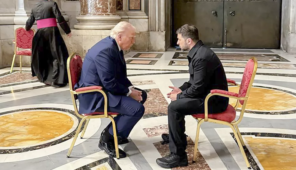 epa12056123 epa12056107 A handout photo made available by the Ukrainian Presidential Press Service shows Ukrainian President Volodymyr Zelensky (R) meeting with US President Donald J. Trump (L) in Saint Peter's Cathedral prior to the funeral Mass of Pope Francis in Saint Peter's Square in Vatican City, 26 April 2025. Pope Francis passed away on Easter Monday, 21 April 2025, at the age of 88. EPA/PRESIDENTIAL PRESS SERVICE HANDOUT HANDOUT HANDOUT EDITORIAL USE ONLY/NO SALES EPA-EFE/PRESIDENTIAL PRESS SERVICE HANDOUT HANDOUT HANDOUT EDITORIAL USE ONLY/NO SALESHANDOUT EDITORIAL USE ONLY/NO SALES