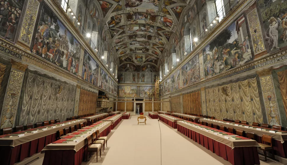 Vatican's Sistine Chapel is ready for the conclaveVatican's Sistine Chapel is ready for the conclave and the election of the new pope by the cardinals on March 12, 2013 at the Vatican. Newly-installed tables stand under Michaelangelo's frescoes in the Vatican's Sistine Chapel where Conclave of Cardinals will be hosted to pick the next Pope. The doors of the church will be locked March 12 until the Cardinals select a new Pope. Photo by ABACAPRESS.COM ABACA/PIXSELL