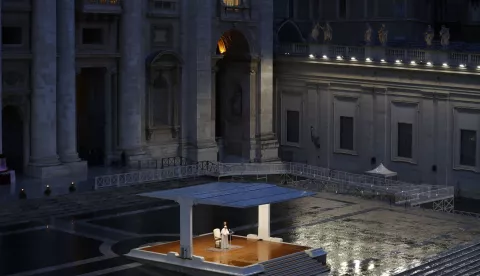 epa08327132 Pope Francis delivers an extraordinary 'Urbi et Orbi' blessing - normally given only at Christmas and Easter - from an empty St. Peter's Square, as a response to the global coronavirus disease (COVID-19) pandemic, the Vatican, 27 March 2020. The blessing is live streamed worldwide giving the possibility for the faithful connected to receive the plenary indulgence. EPA/YARA NARDI/POOL
