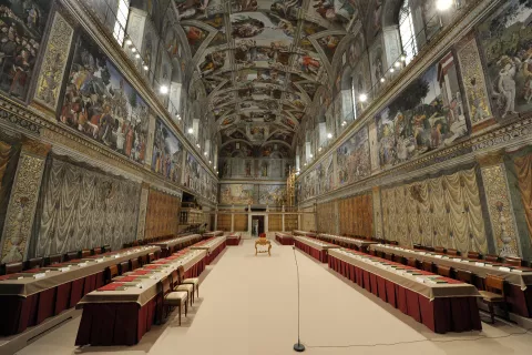 Vatican's Sistine Chapel is ready for the conclaveVatican's Sistine Chapel is ready for the conclave and the election of the new pope by the cardinals on March 12, 2013 at the Vatican. Newly-installed tables stand under Michaelangelo's frescoes in the Vatican's Sistine Chapel where Conclave of Cardinals will be hosted to pick the next Pope. The doors of the church will be locked March 12 until the Cardinals select a new Pope. Photo by ABACAPRESS.COM ABACA/PIXSELL