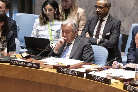 Secretary-General Antonio Guterres attends Security Council meeting at UN Headquarters in New York on April 29, 2025. France is the President of Security Council for the month of April.(Photo by Lev Radin/Sipa USA) Photo: Lev Radin/SIPA USA