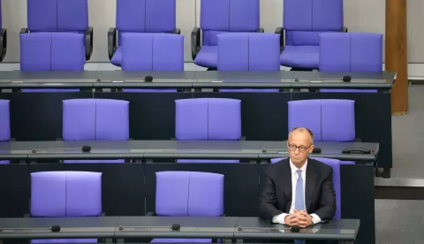 (250507) -- BERLIN, May 7, 2025 (Xinhua) -- Friedrich Merz, leader of Germany's conservative Christian Democratic Union (CDU), sits in the chancellor's seat after taking the oath at the Reichstag building in Berlin, Germany, on May 6, 2025. Friedrich Merz was sworn in as Chancellor on Tuesday during a session of the Bundestag, the country's lower house of parliament. Merz secured 325 votes in the Bundestag, surpassing the required 316-seat majority. (Xinhua/Du Zheyu) Photo: Du Zheyu/XINHUA