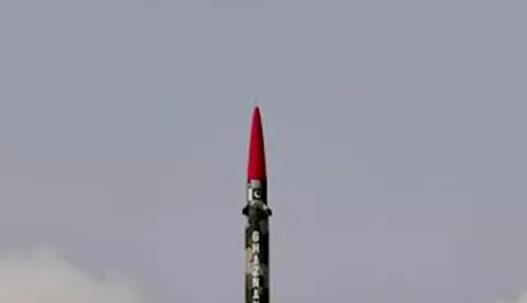 PAKISTAN-SHORT-RANGE MISSILE-TEST(140422) -- PAKISTAN, April 22, 2014 (Xinhua) -- This handout photo released by the Pakistan army's Inter-Services Public Relations (ISPR) office on April 22, 2014, shows a Short Range Surface to Surface Ballistic Missile Hatf III (Ghaznavi) launched from an undisclosed location in Pakistan. Pakistan successfully test-fired a nuclear-capable ballistic missile on Tuesday, the military said.(Xinhua/ISPR)ISPR Photo: XinHua/PIXSELL