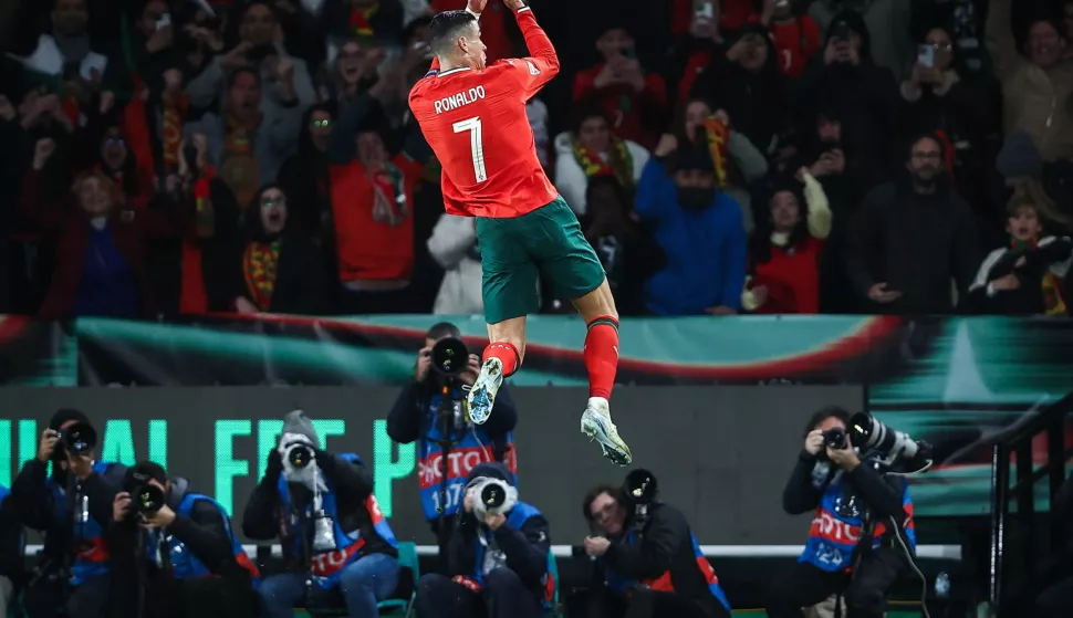 epa11984325 Portugal's Cristiano Ronaldo celebrates scoring a goal during the UEFA Nations League playoff second leg soccer match between Portugal and Denmark at Alvalade Stadium, in Lisbon, Portugal, 23 March 2025. EPA/RODRIGO ANTUNES