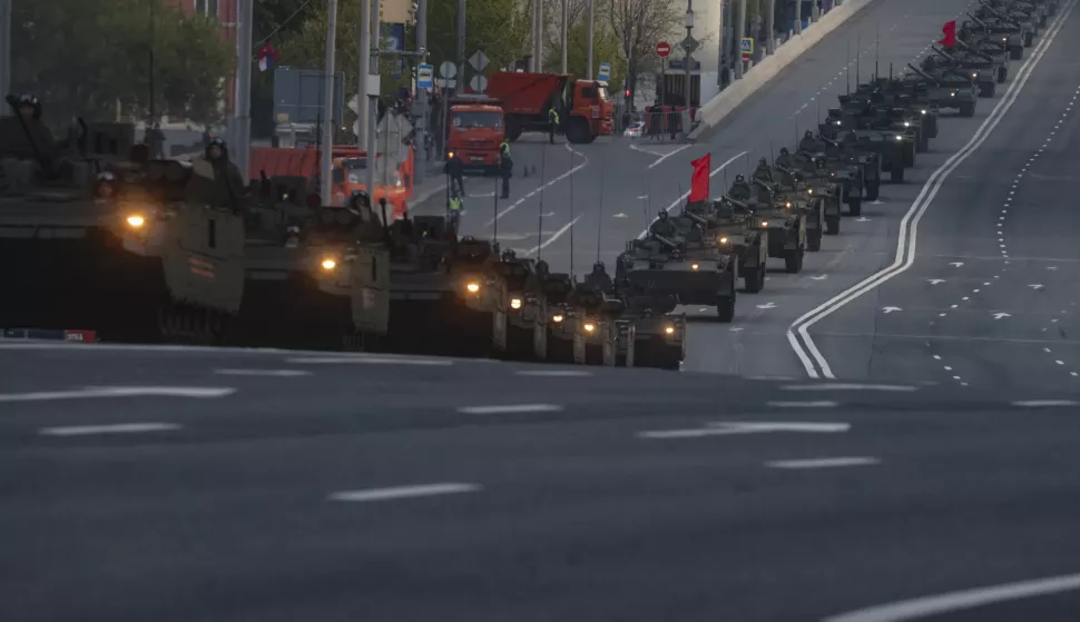 epa12071906 Russian military vehicles take part in a rehearsal for the annual military parade ahead of the Victory Day celebrations, in downtown Moscow, Russia, 03 May 2025. Russia is preparing to mark the 80th anniversary of Nazi Germany's unconditional surrender in World War II (WWII). The military parade will take place in Moscow's Red Square on 09 May. EPA/SERGEI ILNITSKY