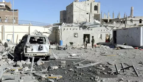 epa06387439 Houthi fighters inspect a Houthi-run detention center after it was hit by alleged Saudi-led airstrikes in Sana'a, Yemen, 13 December 2017. According to reports, at least 35 people were killed and 90 others were injured after the Saudi Arabia-led Arab coalition carried out alleged airstrikes on a Houthi-run detention center in the Yemeni capital Sana'a. EPA/YAHYA ARHAB