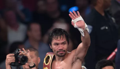 (SP)US-LAS VEGAS-WBO-WELTERWEIGHT-TITLE (161106) -- LAS VEGAS, Nov. 6, 2016 (Xinhua) -- Manny Pacquiao of the Philippines celebrates after defeating Jessie Vargas in their WBO welterweight title boxing match in Las Vegas, the United States, Nov. 5, 2016. (Xinhua/Yang Lei) Yang Lei Photo: XINHUA/PIXSELL