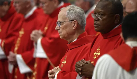 epa12084289 (FILE) - Cardinal Robert Francis Prevost (C) during the Fourth Novendali Mass in memory of Pope Francis in Saint Peter's Basilica, Vatican City, 29 April 2025 (re-issued 08 May 2025). Cardinal Robert Prevost was elected Pope Leo XIV on 08 May 2025. EPA/RICCARDO ANTIMIANI