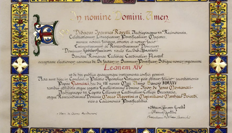 epa12086486 A handout picture provided by the Vatican Media on 09 May 2025 shows a document of the acceptance of the Roman Pontiff and the name he assumed, drawn up by the Master of Pontifical Liturgical Celebrations acting as notary. EPA/VATICAN MEDIA HANDOUT HANDOUT EDITORIAL USE ONLY/NO SALESHANDOUT EDITORIAL USE ONLY/NO SALES