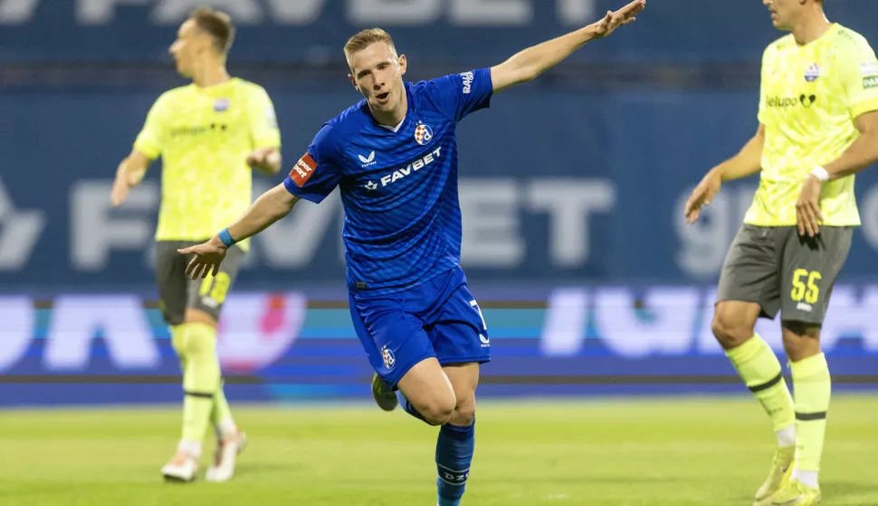 Zagreb, 10.5.2025 - Susret 34. kola HNL-a Dinamo - Slaven Belupo. Na slici Luka Stojković slavi pogodak.Foto Hina/ Dario GRZELJ/ dag