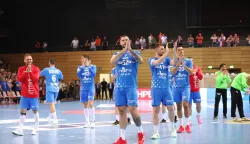 11.05.2025., Centar Zamet, Rijeka - Kvalifikacije za EHF EURO 2026. godine, skupina 5, 6. kolo, Hrvatska - Luksemburg. Leon Susnja, Tin Lucin i Mateo Maras Photo: Goran Kovacic/PIXSELL