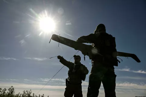 Servicemen of a special unit of a special forces police battalion carry out aerial reconnaissance with the help of a Domakha drone, Donetsk region, Ukraine, on May 2, 2025. (Photo by Dmytro Smolienko/Ukrinform) (Photo by Ukrinform/Ukrinform/Sipa USA) Photo: UKRINFORM/SIPA USA