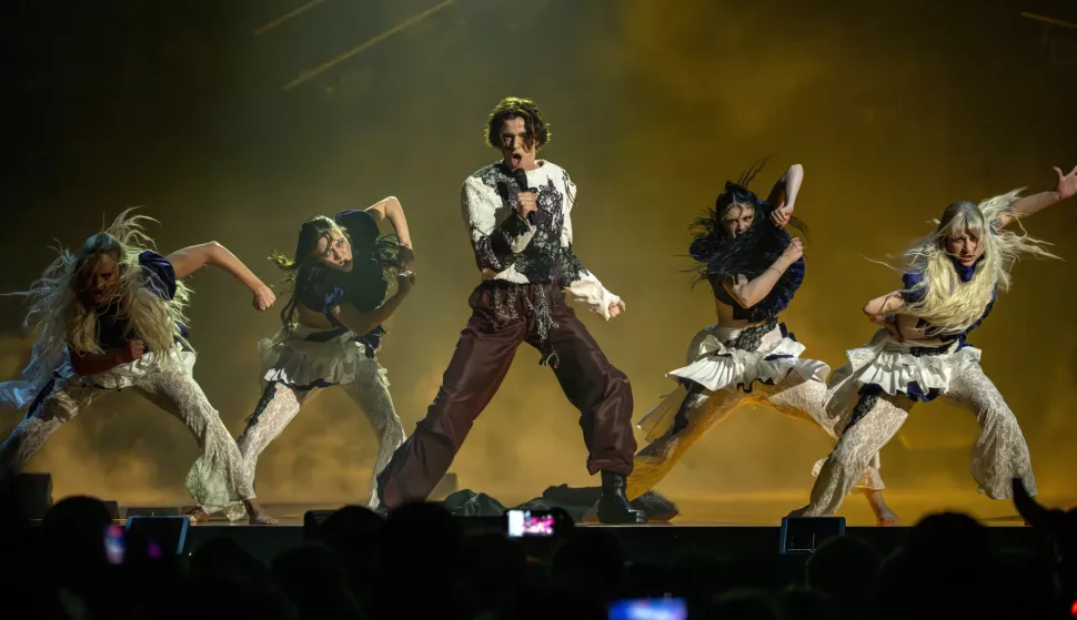 epa12095231 Croatia's Marko Bosnjak performs the song "Poison Cake" during the dress rehearsel and preview show during the first semi-final of the 69th Eurovision Song Contest (ESC) in Basel, Switzerland, 12 May 2025. The second semi-final of the ESC 2025 is scheduled for 15 May. The grand final will take place on 17 May. EPA/GEORGIOS KEFALAS