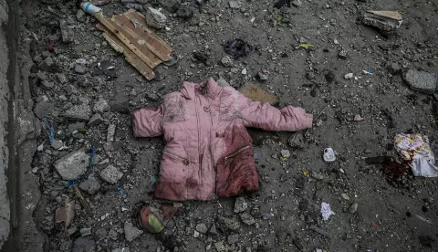 epaselect epa12051530 The jacket of a Palestinian child among debris following an Israeli airstrike, in Gaza City, northern Gaza Strip, 24 April 2025. According to the Palestinian Ministry of Health in Gaza, at least seven Palestinians were killed and 15 others wounded after a series of Israeli airstrikes targeting different areas in Gaza City. EPA/MOHAMMED SABER