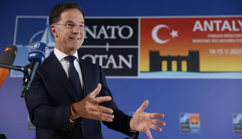 epa12101491 NATO Secretary General Mark Rutte speaks to the media as he arrives for an informal meeting of North Atlantic Treaty Organization (NATO) Ministers of Foreign Affairs, in Antalya, Turkey, 15 May 2025. EPA/ERDEM SAHIN