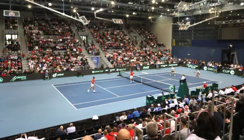 Osijek, 01. 02. 2025, SD Gradski vrt, tenis, Davis Cup, drugi dan. Hrvatska - Slovačka. Parvi Nikola Mektić i Mate Pavić- Milos Karol i Lukas Klein.snimio GOJKO MITIĆ