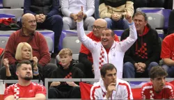 Osijek, 31. 01. 2025, SD Gradski vrt, tenis, Davis Cup, prvi dan. Hrvatska - Slovačka, Duje Hajduković i Lukas Klein. Domagoj Wagner.snimio GOJKO MIITĆ