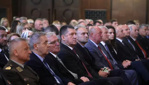Zagreb, 16.05.2025 - Potpredsjednik Vlade i ministar obrane Ivan Anušić i drugi visoki državni dužnosnici sudjelovali su na obilježavanju Dana Sveučilišta obrane i sigurnosti "Dr. Franjo Tuđman". Na fotografiji Ivica Lučić, Ivan Anušić, Marijan Mareković.foto HINA/ Denis CERIĆ /dc