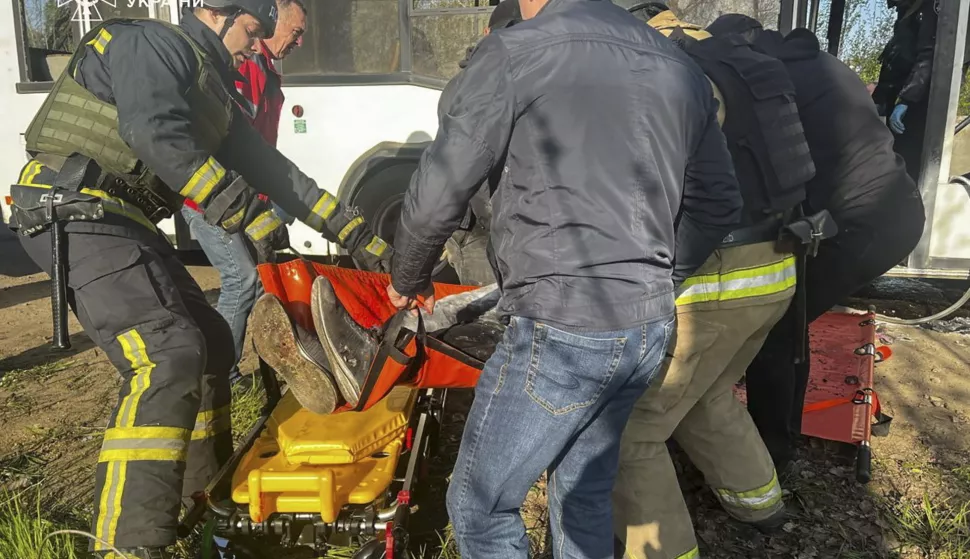 epa12048467 A handout photo made available by the State Emergency Service of Ukraine shows rescuers working at the site of a drone hit in Marhanets of the Dnipro area, Ukraine, 23 April 2025, amid the ongoing Russian invasion. At least nine people died and 42 were injured after a Russian drone hit a bus in Marhanets, according to Serhiy Lysak, the head of the Dnipropetrovsk Regional Military Administration. Russian troops entered Ukrainian territory on 24 February 2022, starting a conflict that has provoked destruction and a humanitarian crisis. EPA/STATE EMERGENCY SERVICE OF UKRAINE HANDOUT EDITORIAL USE ONLY/NO SALES