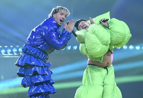 Baby Lasagna (L) of Croatia and K??rij? of Finland perform their show at the dress rehearsal of the Grand Final of the Eurovision Song Contest 2025 in Basel, Switzerland, late on May 16, 2025. (Photo by HEIKKI SAUKKOMAA/LEHTIKUVA/Sipa USA) Photo: STT-Lehtikuva/SIPA USA