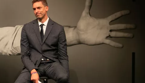 epa09507539 Spanish basketball player Pau Gasol announces his retirement from professional basketball during an act held on Gran Teatro del Liceo in Barcelona, Catalonia, Spain, 05 October 2021. Pau Gasol, double NBA winner and Europe's most succesful basketball player, announced his retirement aged 41 after playing last season for FC Barcelona. EPA/Enric Fontcuberta