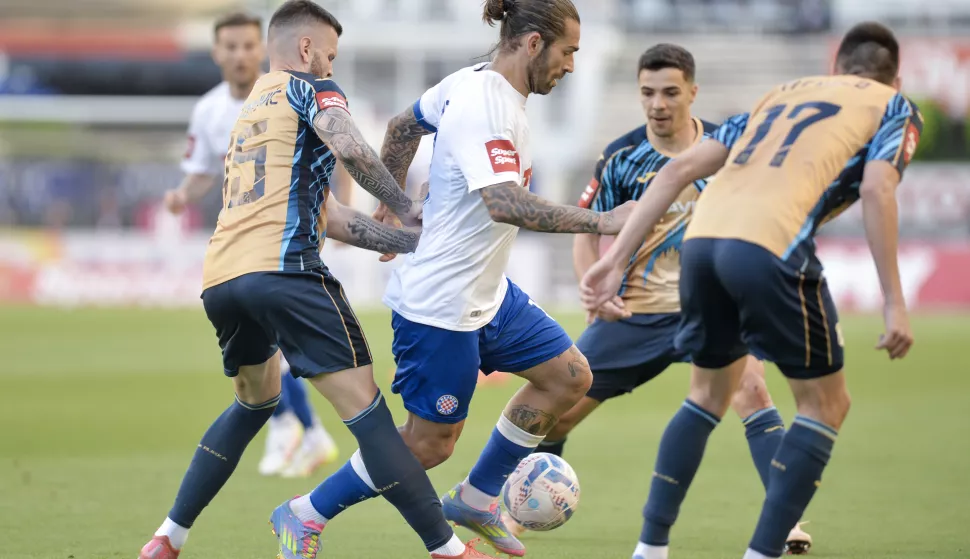 Split, 18.05.2025 - Utakmica 35. kola Prve HNL, Hajduk - Rijeka. Na slici Marko Livaja, Ante Majstorović.foto HINA/ Mario STRMOTIĆ/ ds