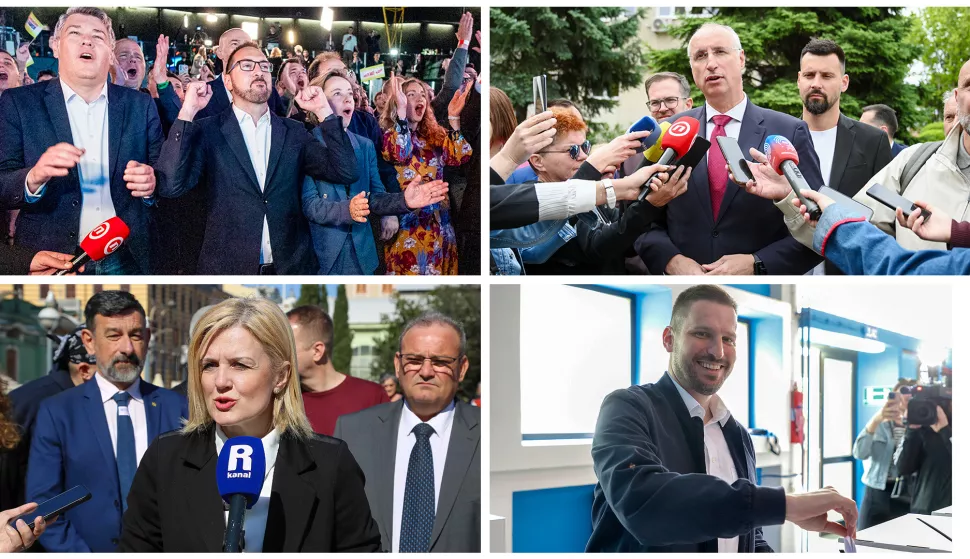 Zagreb, 18.05.2025 - Prema prvim neslužbenim rezultatima DIP-a od 21 sat za četiri najveća grada, na lokalnim izborima za gradonačelnika u Zagrebu vodi Tomislav Tomašević s 45,73 posto, Ivica Puljak u Splitu s 35,73 posto, Iva Rinčić vodi u Rijeci s 41,54 posto, a Ivan Radić u Osijeku sa 71,41 posto.foto HINA/ Dario Grzelj, Mario STRMOTIĆ, Miljenko KLEPAC/ ds