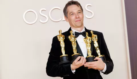 Sean Baker poses backstage with his Oscars® during the live ABC Telecast of the 97th Oscars® at Dolby® Theatre at Ovation Hollywood on Sunday, March 2, 2025.