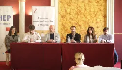 Osijek, 22. 05. 2025., HNK, press, konferencija za medije, Vještice iz Salema, premijera, Mateja Tustanovski, Duško Modrinić, Vladimir Ham, Ivan Plazibat; Maja Huber, Aljoša ČeplSNIMIO BRUNO JOBST