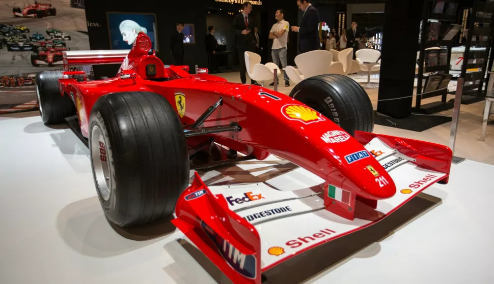 epa06231599 The 2001 Ferrari F2001 driven by German Formula 1 champion Michael Schumacher is displayed during a Sotheby's auction preview in Hong Kong, China, 28 September 2017. The Ferrari F2001, chassis no. 211, piloted to victory by Schumacher at the Grand Prix de Monaco, will be auctioned in New York on 16 November and is expected to fetch in excess of 4 million US dollar. EPA/JEROME FAVRE