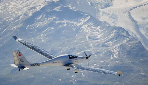 epa11487487 SolarStratos, a solar-powered aircraft prototype flown by Swiss adventurer Raphael Domjan, flies towards the Matterhorn mountain during a scouting and test flight near the village of Zermatt, Switzerland, 19 July 2024. Over the summer the team will try to reach an altitude of 10,000 meters, and later aim for the stratosphere. EPA/VALENTIN FLAURAUD