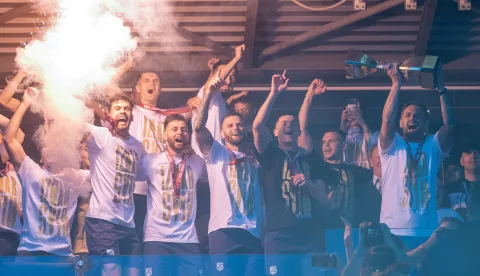 Rijeka, 25.05.2025 - Utakmica poslijednjeg kola Prve HNL između Rijeke i Slaven Belupa. Na slici slavlje nogometaša Rijeke.foto HINA/ Damir SENČAR/ ds