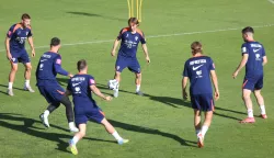 30.05.2025., Rijeka - Trening hrvatske nogometne reprezentacije uoci starta kvalifikacija za Svjetsko nogometno prvenstvo. Andrej Kramarić, Luka Modric i Martin Baturina Photo: Nel Pavletic/PIXSELL
