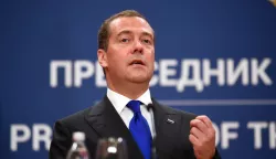 SERBIA-BELGRADE-RUSSIAN PM-VISIT (191020) -- BELGRADE, Oct. 20, 2019 (Xinhua) -- Russian Prime Minister Dmitry Medvedev speaks during a press conference with Serbian President Aleksandar Vucic in Belgrade, Serbia, Oct. 19, 2019. Russia will continue to develop joint energy and infrastructure projects with Serbia, Dmitry Medvedev told reporters here on Saturday, stressing the importance of further deepening bilateral economic ties. (Photo by Predrag Milosavljevic/Xinhua) Predrag Milosavljevic Photo: XINHUA/PIXSELL