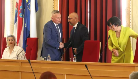 Osijek, 03. 06. 2025, Županijska 4. Konstituirajuća sjednica Gradskog vijeća. Tihomir Florijančić, Vlatko Kopić i Katarina Kruhonja.snimio GOJKO MITIĆ