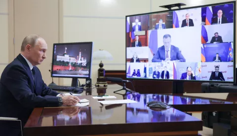 epa12155312 Russian President Vladimir Putin chairs a meeting with members of the government via videoconference at the Novo-Ogaryovo state residence, outside Moscow, Russia, 04 June 2025. Putin addressed the blowing up of railway tracks in the Bryansk and Kursk regions and characterized them as terrorist attacks, saying the decision to carry them out was made in Ukraine at the highest level. EPA/GAVRIIL GRIGOROV/SPUTNIK/KREMLIN POOL MANDATORY CREDIT