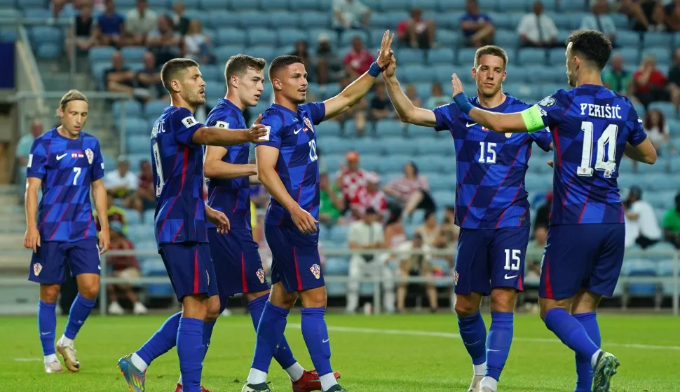 06.06.2025., stadion Algarve, Faro-Loule, Portugal - Kvalifikacije za FIFA Svjetsko nogometno prvenstvo 2026., skupina L, Gibraltar - Hrvatska. Andrej Kramaric, Luka Sucic, Franjo Ivanovic, Mario Pasalic i Ivan Perisic