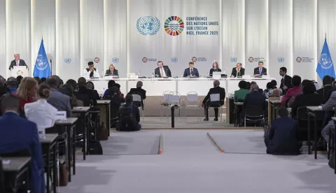 epa12165922 U.N. Secretary General Antonio Guterres (L) speaks next to French President Emmanuel Macron (C-R) and Costa Rica's President Rodrigo Chaves Robles (C-L) during the opening of the third UN Ocean Conference, in Nice, France, 09 June 2025. EPA/LAURENT CIPRIANI/POOL MAXPPP OUT