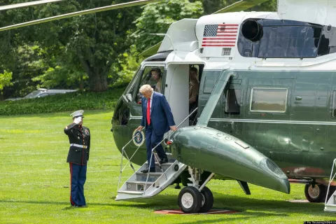 (250609) -- WASHINGTON, June 9, 2025 (Xinhua) -- U.S. President Donald Trump steps off Marine One upon his return to the White House in Washington, D.C., the United States, on June 9, 2025. California Governor Gavin Newsom, a Democrat, told local media that he plans to file suit on Monday against the Donald Trump administration to roll back the National Guard deployment, which he called "an illegal act, an immoral act, an unconstitutional act." Trump has cited a legal provision that allows him to mobilize federal service members when there is "a rebellion or danger of a rebellion against the authority of the Government of the United States." (Xinhua/Hu Yousong) Photo: Hu Yousong/XINHUA