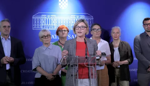 Zagreb.11.6.2025. Zastupnice Sandra Benčić, Urša Raukar-Gamulin i Damir Bakić održali su konferenciju za medije s temom "Vrijedi li glas jednako ili ovisi kome je dat".Na slici Sandra Benčić.Foto HINA/ Tomislav Pavlek/ tp