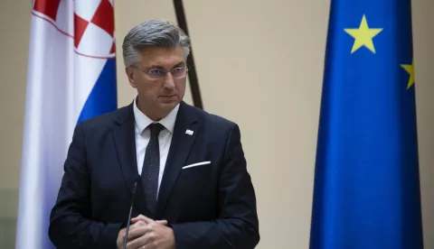 Zagreb, 10.06.2025 - Obilježavanje Dana hrvatske diplomacije. Sudjeluju premijer Andrej Plenković, predsjednik Sabora Gordan Jandroković i ministar vanjskih poslova Gordan Grlić Radman. Na fotografiji Andrej Plenković. foto HINA/ Daniel KASAP/ dk