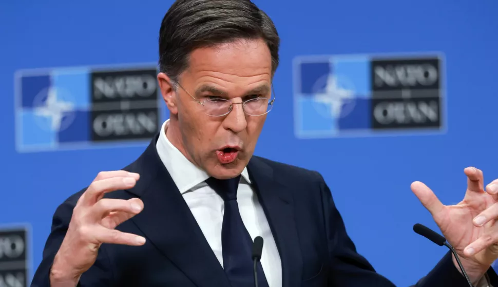 epa12009148 NATO Secretary General Mark Rutte speaks at a press conference after the North Atlantic Treaty Organization (NATO) meeting of NATO Foreign Ministers at NATO's headquarters in Brussels, Belgium, 04 April 2025. EPA/OLIVIER HOSLET