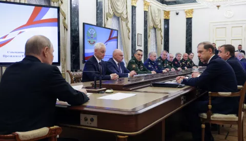 epa12172332 Russian President Vladimir Putin (L) chairs a meeting to discuss the key parameters of the draft state armament programme for 2027-2036 at the Kremlin in Moscow, Russia, 12 June 2025. EPA/GAVRIIL GRIGOROV/SPUTNIK/KREMLIN POOL MANDATORY CREDIT